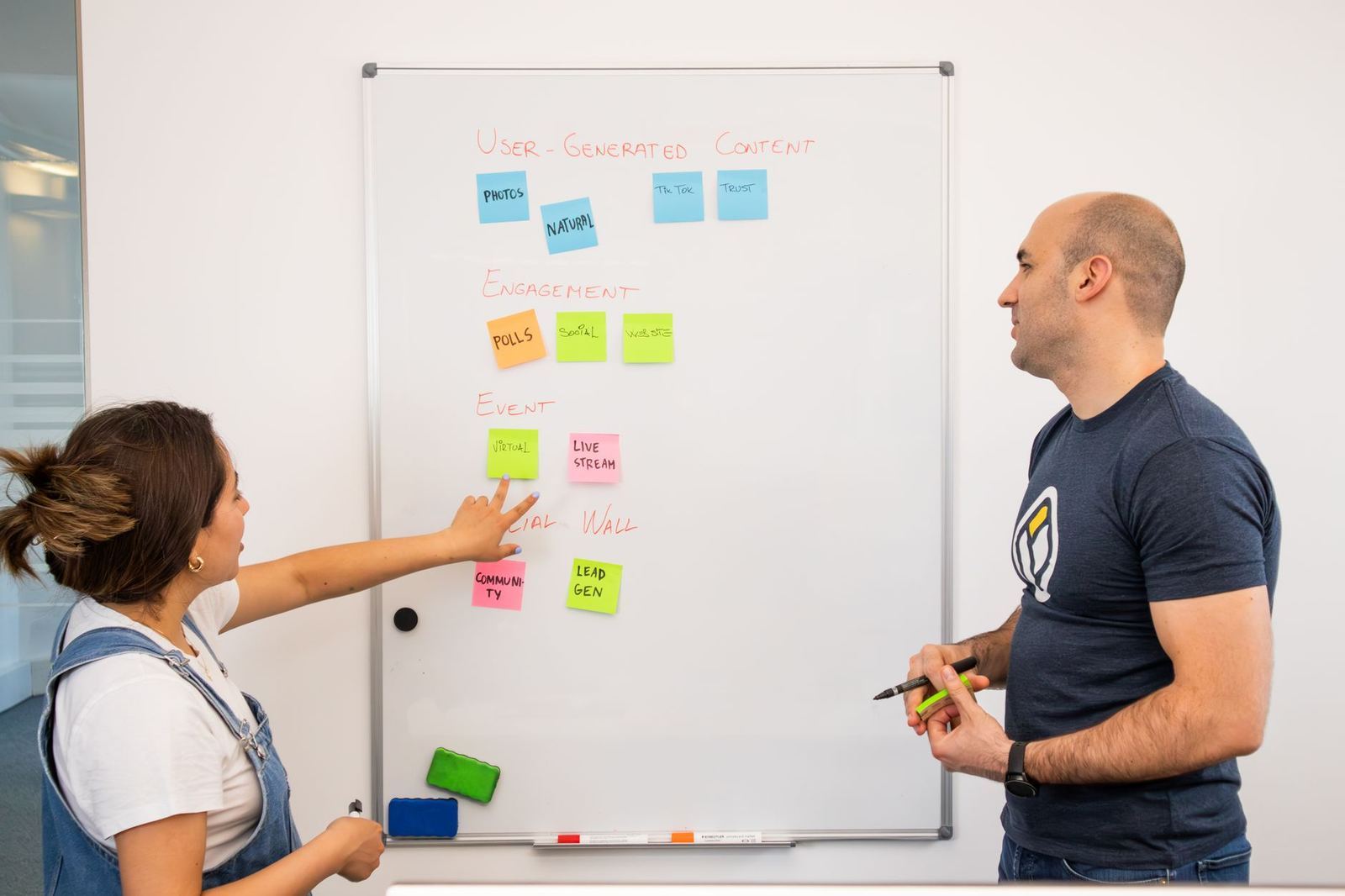 A creative team planning a project together at a whiteboard
