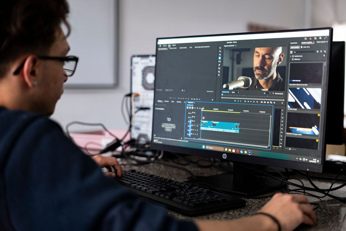 A video editor reviewing footage on a desktop computer
