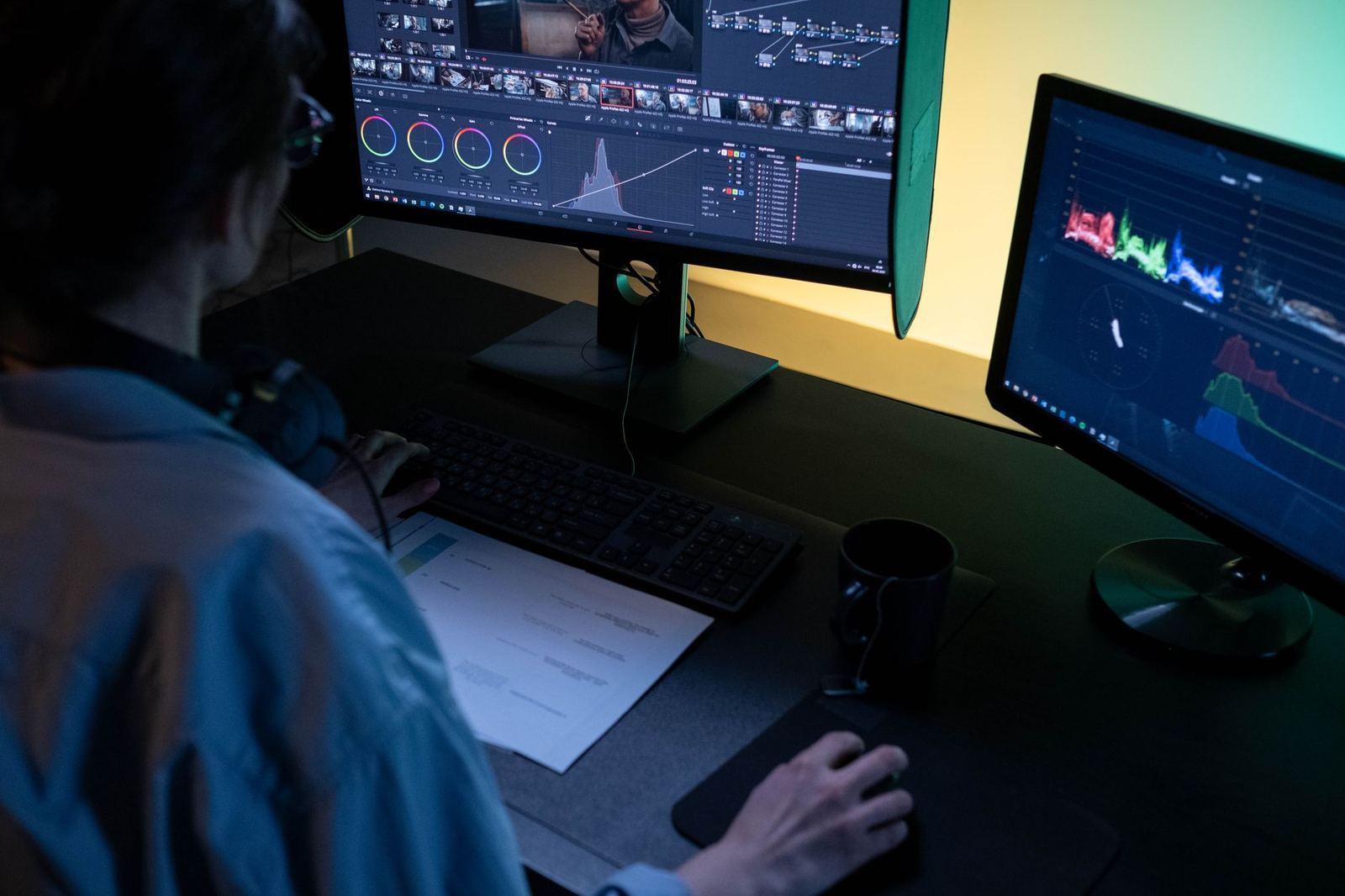 Video editor reviewing color-graded footage across two monitors